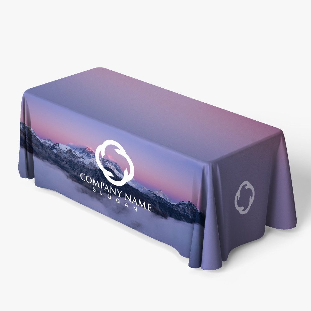 Printed 6 foot table cover with front logo panel.