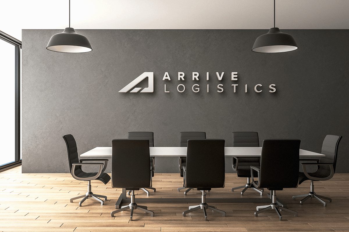 Lobby sign mockup with dimensional letters on a conference room wall.