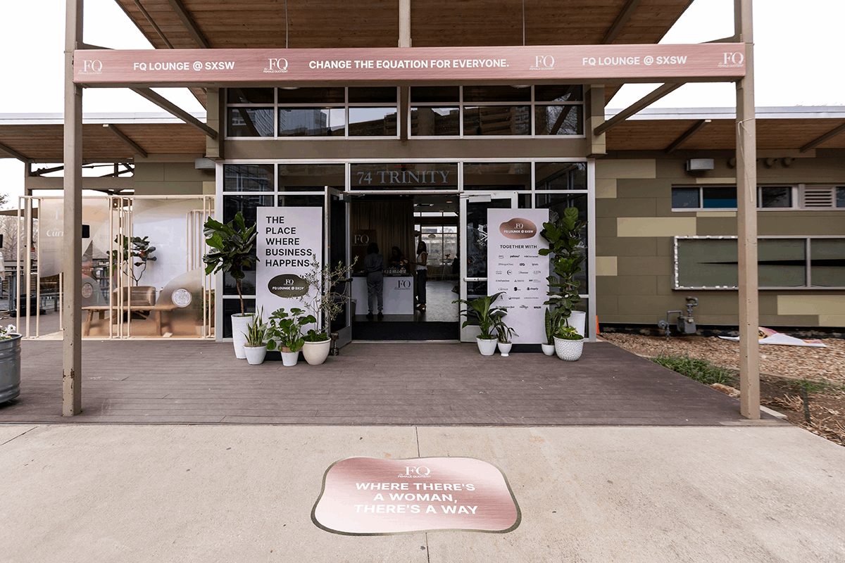 Branded event entrance graphics for an Austin lounge activation.