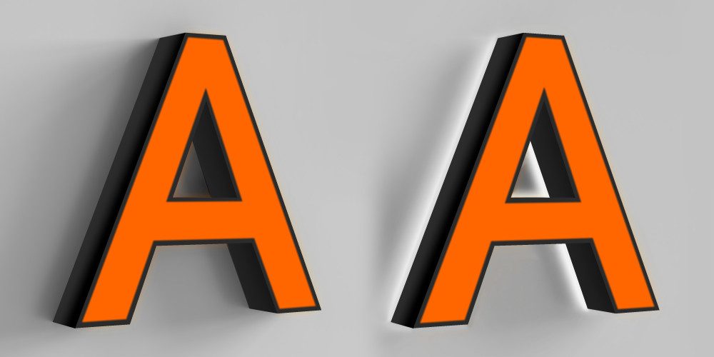 Standard front-lit channel letter sample showing letter depth and face style.