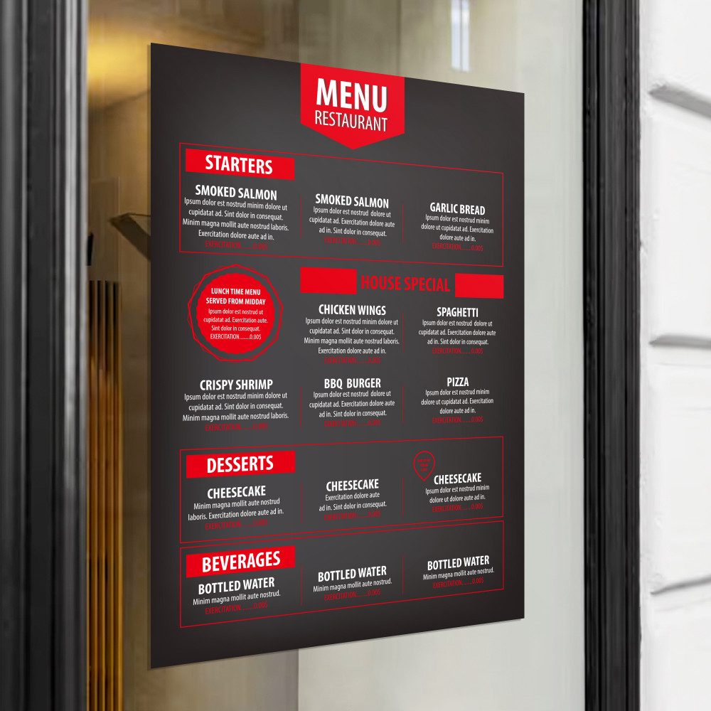Printed restaurant menu window cling.